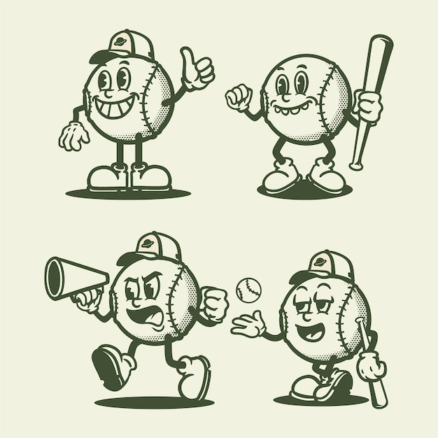 Establecer dibujos animados de béisbol vintage