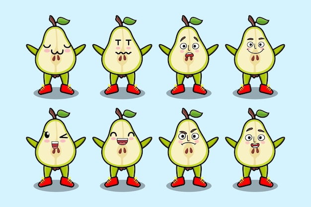 Establecer dibujos animados de fruta de pera kawaii con diferentes expresiones de ilustraciones de vectores de cara de dibujos animados
