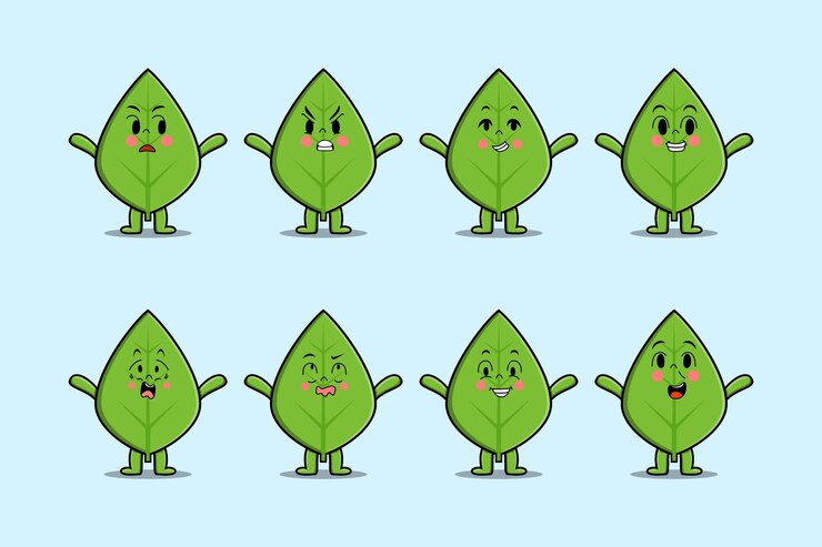 Vector establecer dibujos animados de hoja verde kawaii con diferentes expresiones de ilustraciones de vectores de cara de dibujos animados