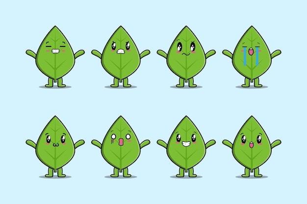 Establecer dibujos animados de hoja verde kawaii con diferentes expresiones de ilustraciones de vectores de cara de dibujos animados