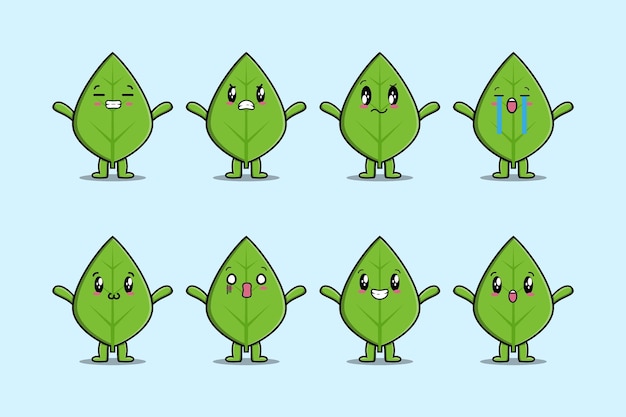 Vector establecer dibujos animados de hoja verde kawaii con diferentes expresiones de ilustraciones de vectores de cara de dibujos animados