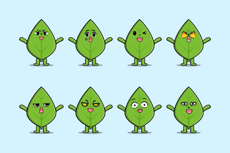 Vector establecer dibujos animados de hoja verde kawaii con diferentes expresiones de ilustraciones de vectores de cara de dibujos animados