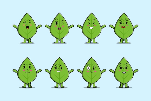 Establecer dibujos animados de hoja verde kawaii con diferentes expresiones de ilustraciones de vectores de cara de dibujos animados