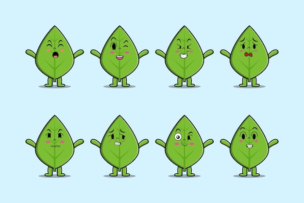 Vector establecer dibujos animados de hoja verde kawaii con diferentes expresiones de ilustraciones de vectores de cara de dibujos animados