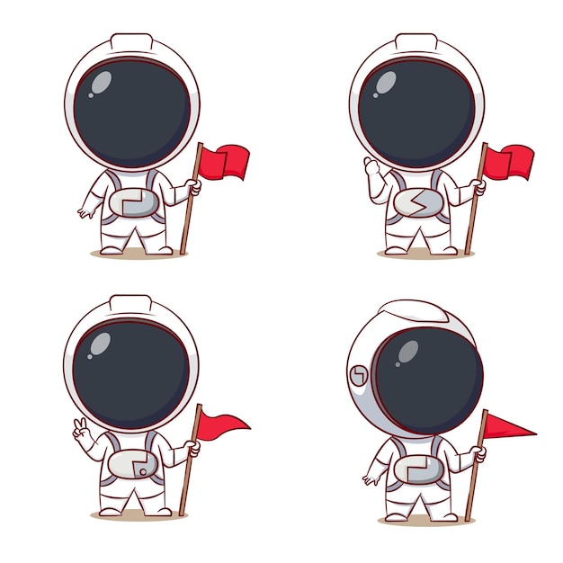 Establecer dibujos animados lindo de astronauta sosteniendo la bandera personaje chibi dibujado a mano