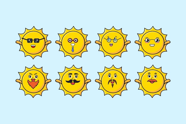 Establecer dibujos animados de sol kawaii con diferentes expresiones