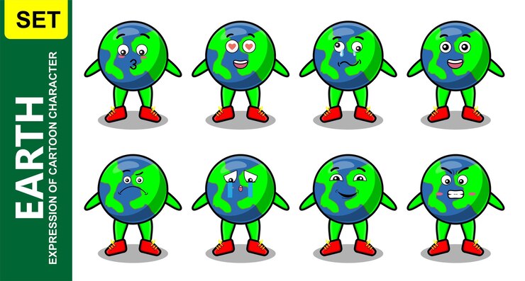 Vector establecer dibujos animados de tierra kawaii con diferentes expresiones faciales de ilustraciones de vectores de cara de dibujos animados