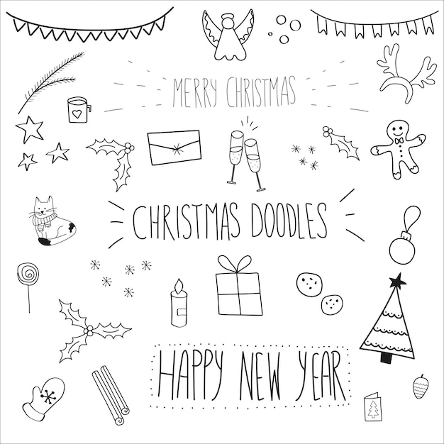 Establecer dibujos de Navidad en estilo Doodle