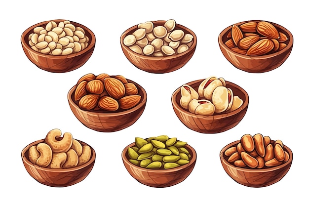 Establecer dieta de nueces y semillas elementos planos de dibujos animados vectoriales aislados en el fondo