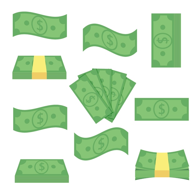 Establecer diferentes billetes de dinero. Pila de facturas, finanzas montón de efectivo - ilustración plana. Objetos de moneda aislados sobre un fondo blanco.