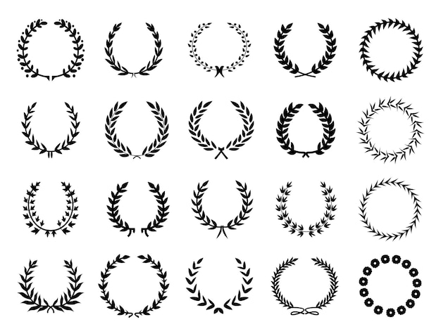 Establecer diferentes flores de trigo de laurel. aros circulares de laurel negro. siluetas de oro laurel weaths.