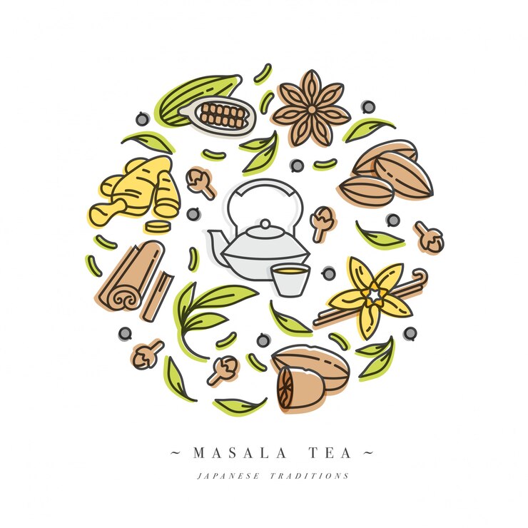 establecer diseño colorido plantillas icono y emblemas - hierbas orgánicas y diferentes especias. Composición de los iconos de tés Masala. Símbolo de estilo lineal moderno aislado sobre fondo blanco.