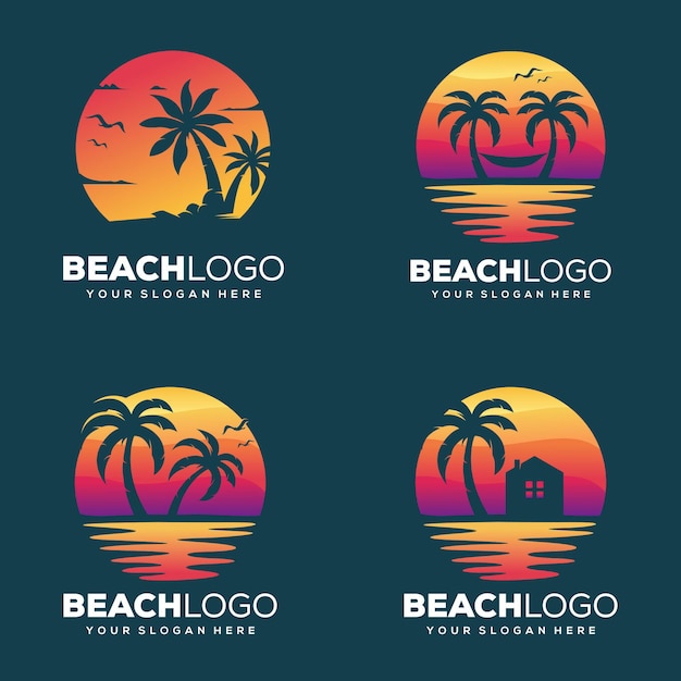 Establecer diseño creativo de logotipo de playa y palma