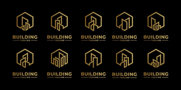 Establecer el diseño del logotipo de bienes raíces de colección con estilo de arte lineal. edificio de la ciudad abstracto para inspiración en el diseño de logotipos y tarjetas de visita