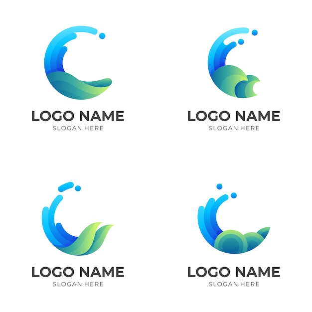 Establecer diseño de logotipo de onda con estilo de color verde y azul 3d