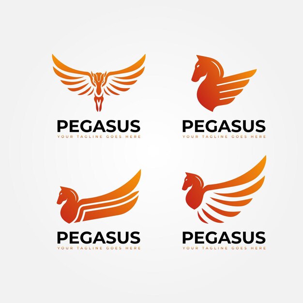Establecer el diseño moderno del vector del logotipo de Pegasus en color naranja degradado