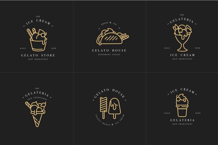 establecer diseño de plantillas doradas logo y emblemas - helados y helados. estilo lineal de moda aislado.