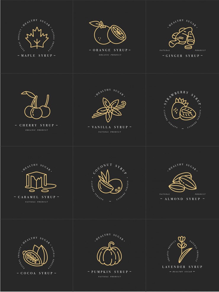 Establecer diseño de plantillas doradas logotipo y emblemas - jarabes y coberturas. Icono de comida Logotipos en moda estilo lineal aislado sobre fondo blanco.
