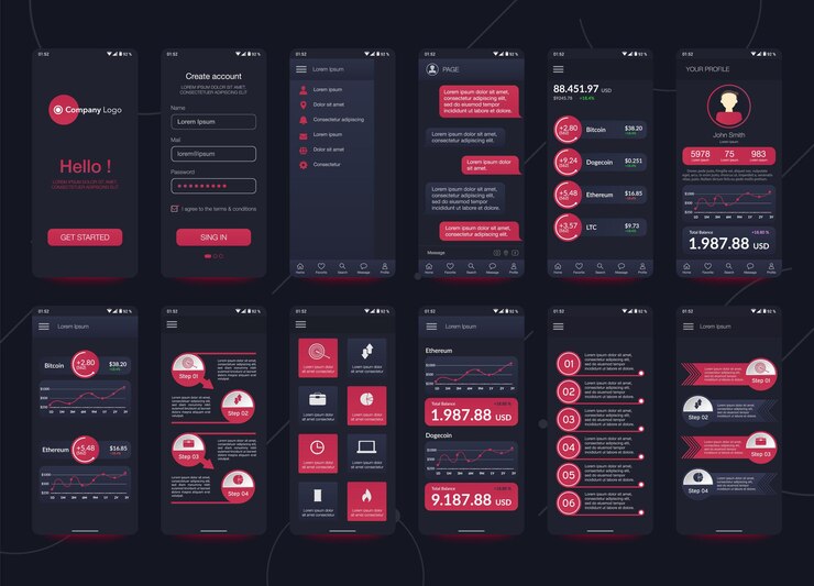 Vector establecer el diseño de la sala de chat de la billetera de criptomonedas de la aplicación móvil ui ux gui