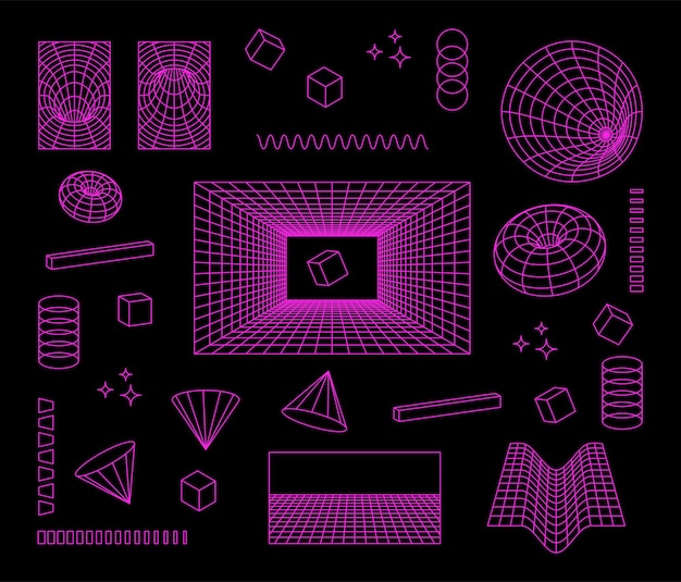 Establecer diseño de vector de elementos de rejilla de perspectiva futurista de estructura alámbrica 3D en color rosa neón