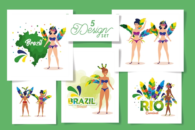 Establecer diseños de carnaval de brasil con mujeres e iconos