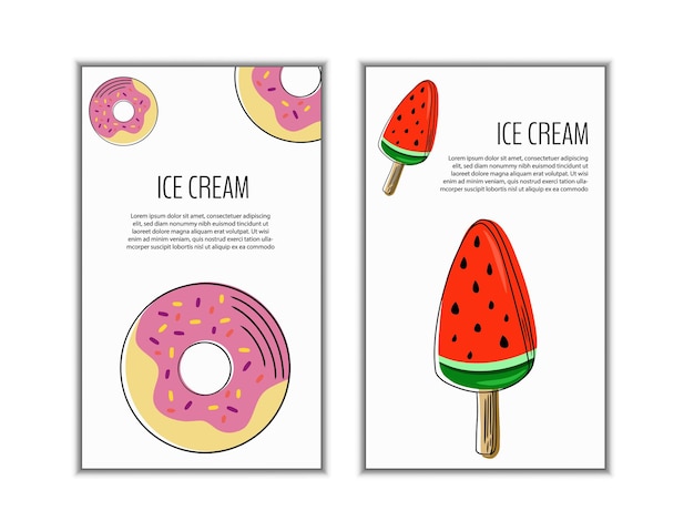 Establecer dulces helados volantes pancartas colección de páginas para niños menucafeposters donuts lollipop tienda tarjetas cafetería publicidad