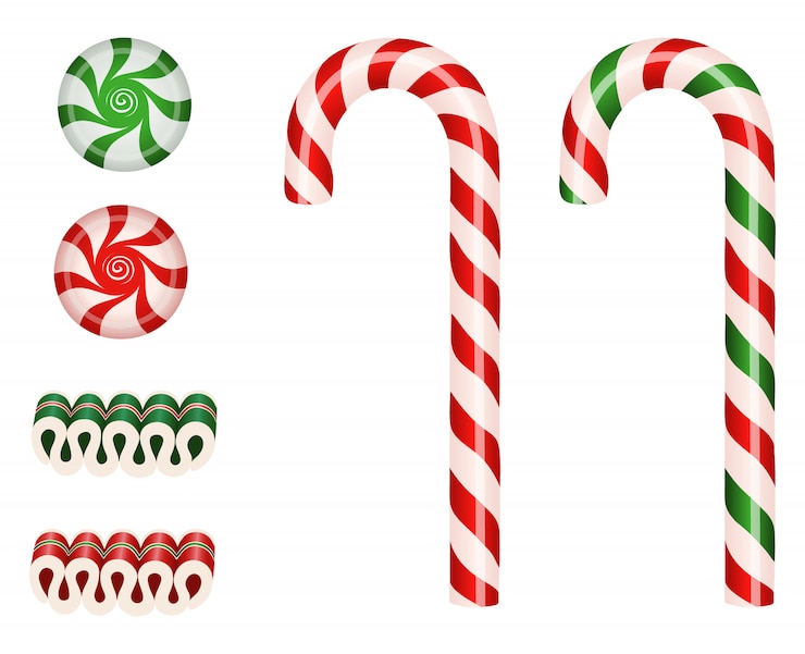Vector establecer dulces navideños aislados con bastones de caramelo, dulces de cinta y caramelos de menta a la luz de las estrellas