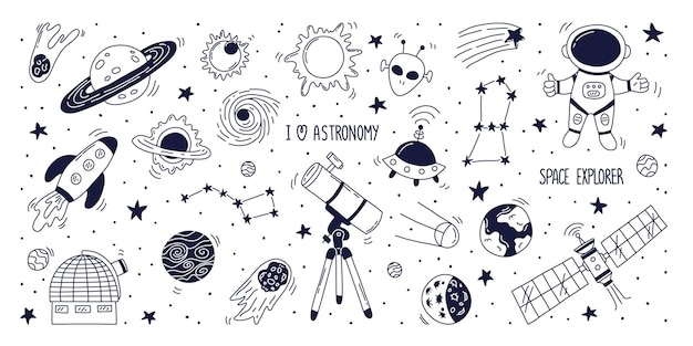 Establecer elementos de astronomía de doodle dibujados a mano plana