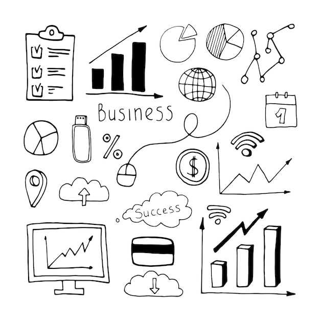 Establecer elementos en el conjunto de negocios de doodle. Ilustración de vector dibujado a mano para tarjetas, carteles, pegatinas y diseño profesional.