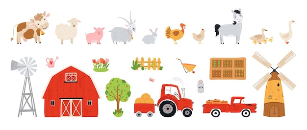 Vector establecer elementos de granja colección animales de granja en un estilo plano ilustración con mascotas vaca caballo cerdo ganso conejo pollo pavo cabra oveja granero molino tractor aislado fondo blanco vector