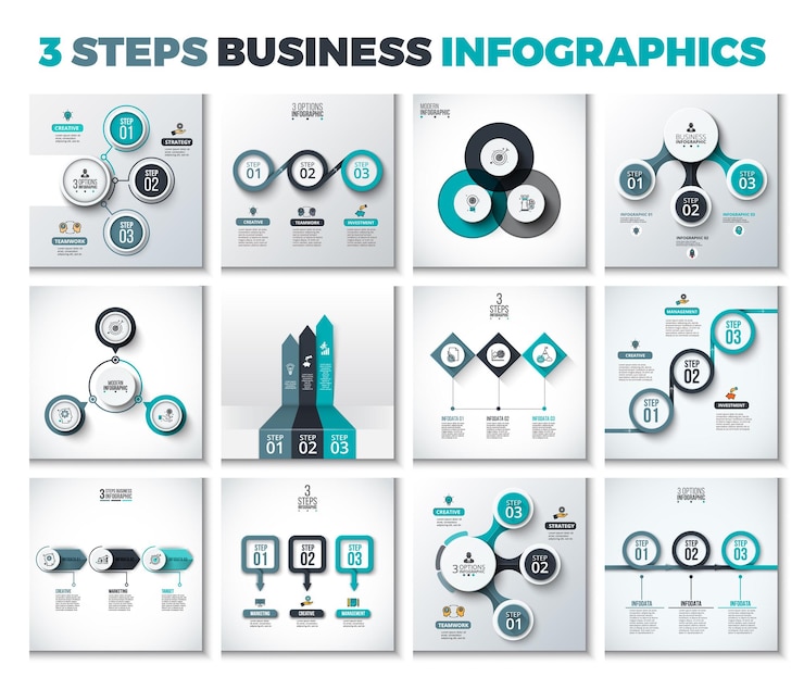 Vector establecer elementos infográficos og con 3 opciones diagramas de flujo diagramas de ciclo de línea de tiempo y flechas