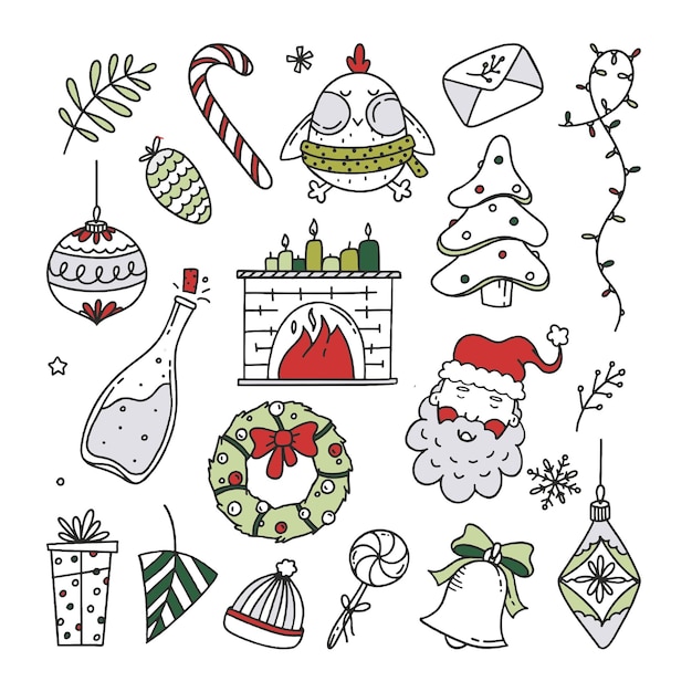 Establecer elementos de Navidad vector ilustración Doodle aislado sobre fondo blanco Navidad