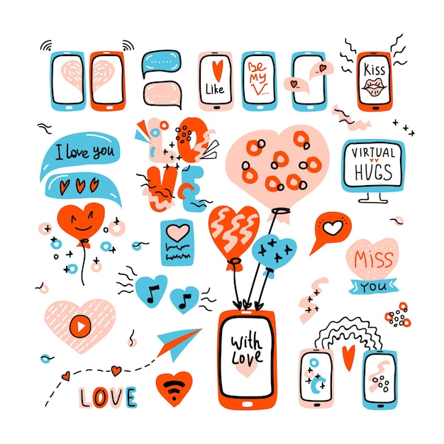Establecer elementos Virtual Love Chat corazón discurso burbuja teléfono móvil Flat doodle ilustración
