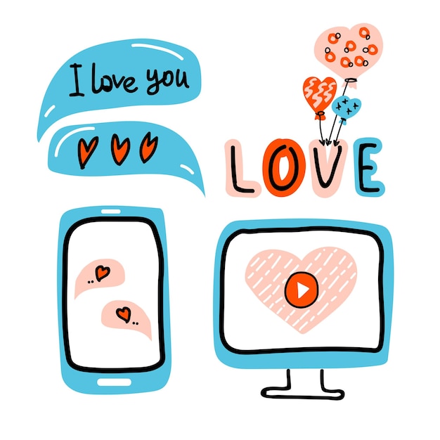 Vector establecer elementos virtual love chat corazón discurso burbuja teléfono móvil flat doodle ilustración