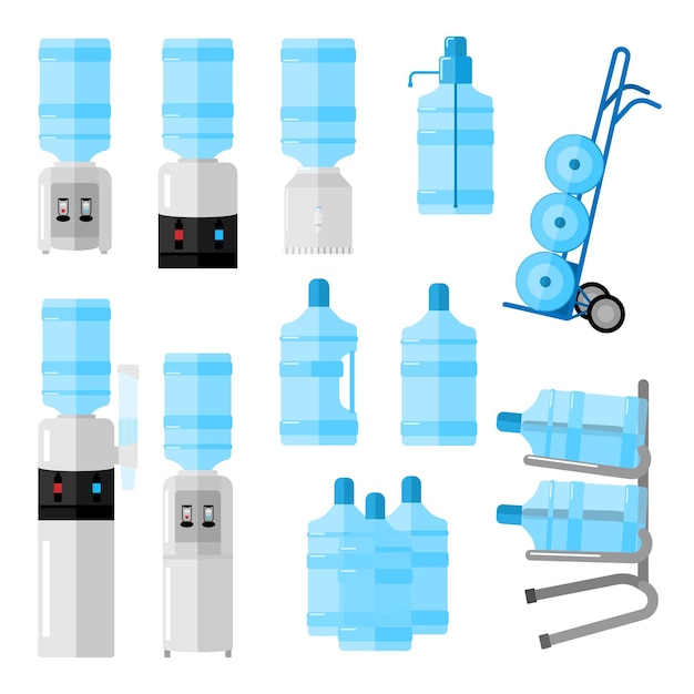 Establecer enfriador de agua sobre fondo blanco. Refrigerador y oficina de botellas, servicio de entrega de agua, carro de entrega con botellas en la ilustración de vector plano de estilo.