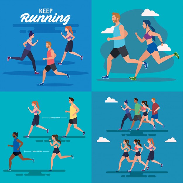 Establecer escenas de gente para correr, gente corriendo diseño de ilustración