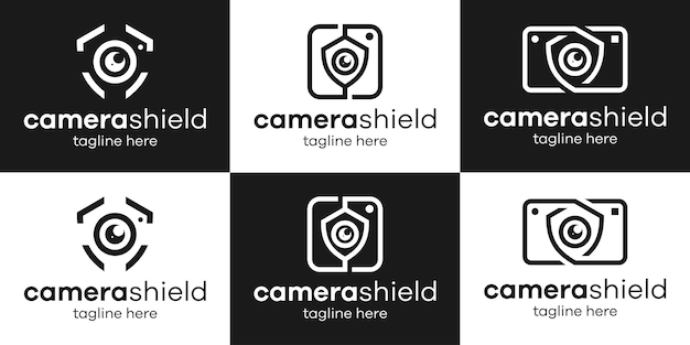 Establecer escudo de diseño de logotipo e ilustración de vector de icono de cámara