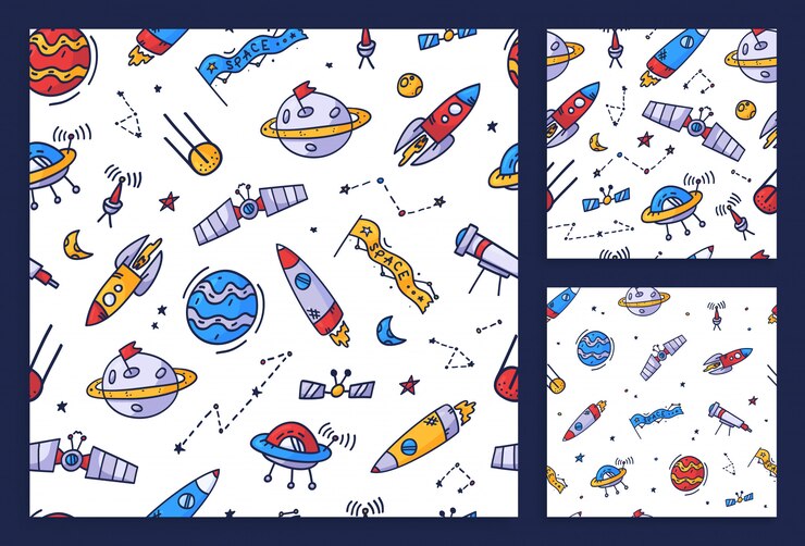 Vector establecer el espacio de diseño de impresión de patrones sin fisuras. diseño de ilustración de doodle para telas de moda, gráficos textiles, estampados.