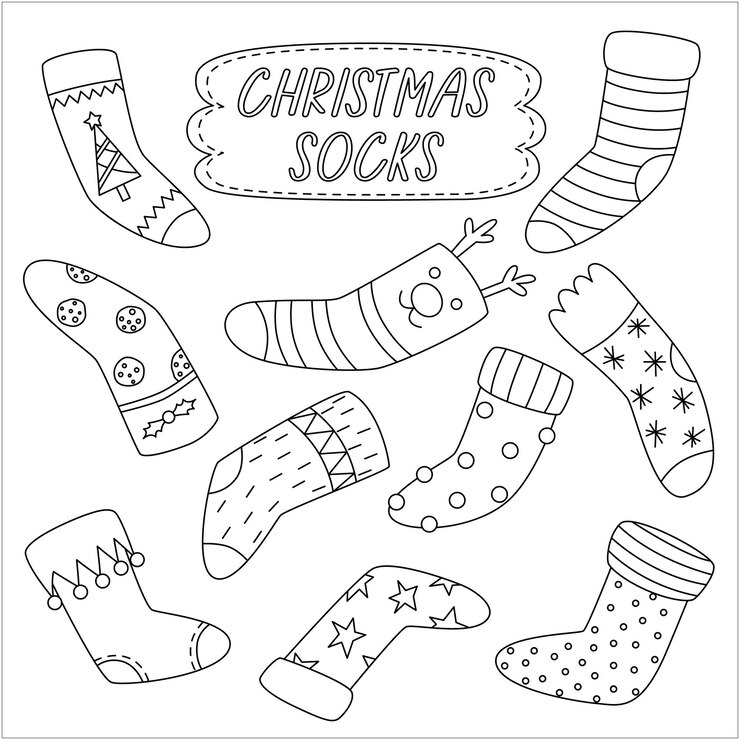 Vector establecer esquema para colorear medias navideñas varias medias navideñas tradicionales coloridas y adornadas o colección de calcetines