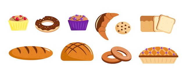 Establecer estilo de dibujos animados para hornear Ilustración vectorial de cupcakes croissants donuts bagels galletas pan tostadas pastel de pan sobre fondo blanco
