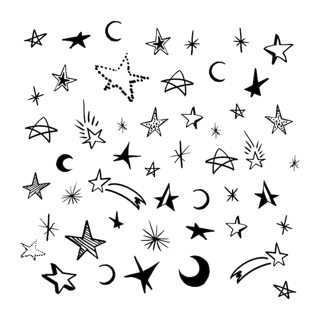 Establecer estrellas de doodle. Colección de estrellas negras dibujadas a mano y media luna. Ilustración de vector, aislado sobre fondo blanco.