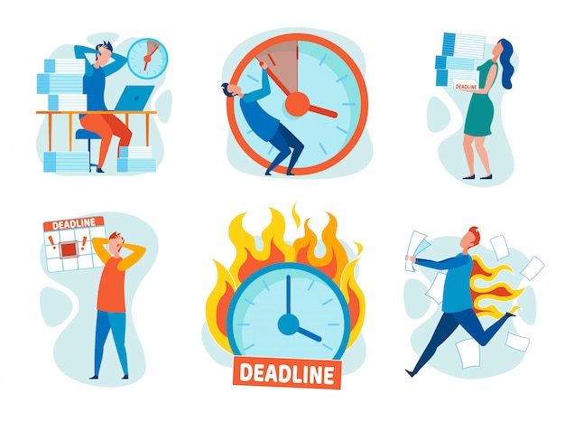 Establecer el estrés de Breaking Deadlines Cartoon Flat.
