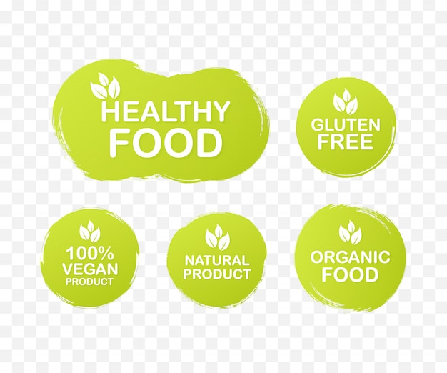 establecer etiquetas de colores para alimentos, nutrición. Colección de iconos. Comida sana, sin gluten, 100 comida vegana, producto natural, comida orgánica. .