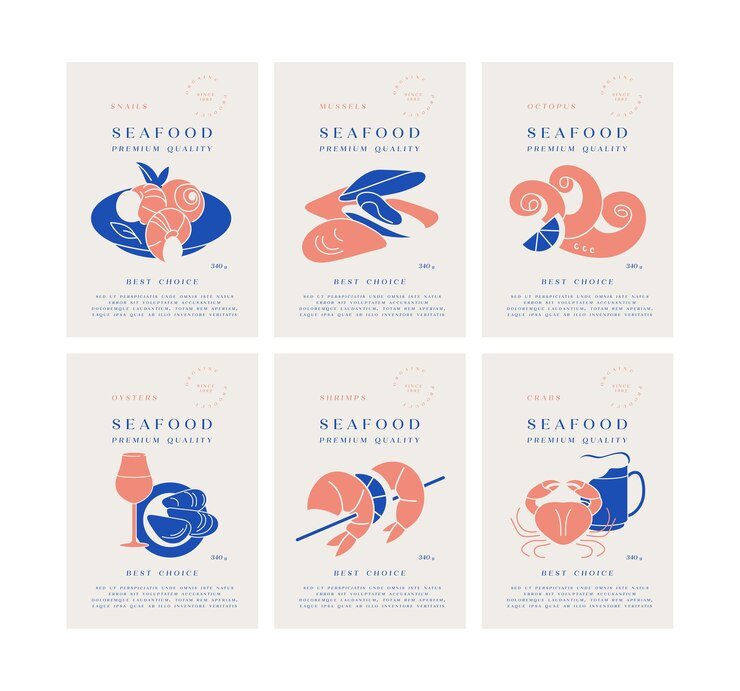 Establecer etiquetas de empaque de plantilla con logotipos y para productos del mar