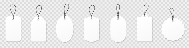 Establecer etiquetas de precio de papel blanco en blanco o etiquetas de regalo. Etiquetas de papel con cordón. Establecer etiquetas de compras de plantilla con sombra - stock vector.