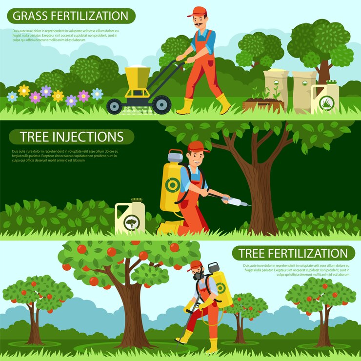 Vector establecer la fertilización de la hierba y las inyecciones de árboles.