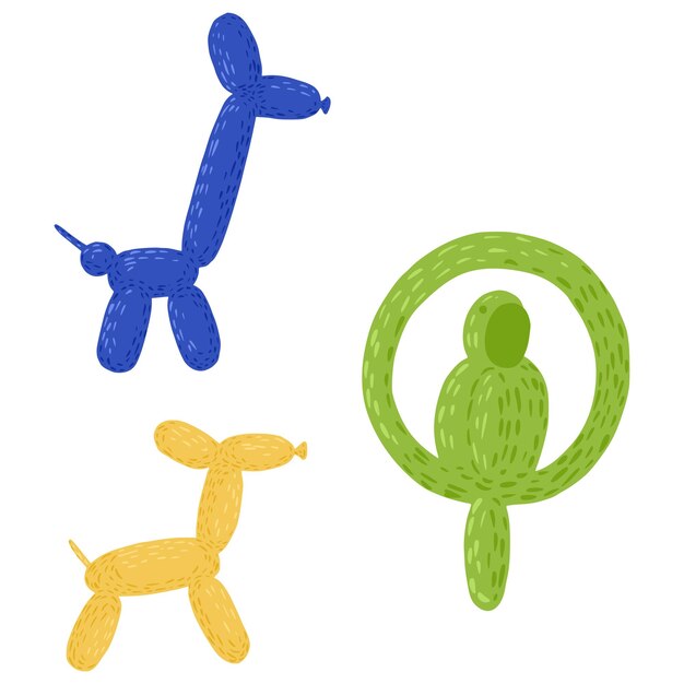 Establecer figuras de globos sobre fondo blanco. Elementos alegres perro, jirafa y loro en color azul, amarillo y verde en la ilustración de vector de estilo doodle.