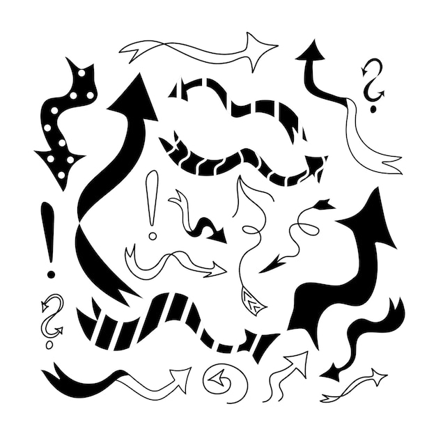 Establecer flechas y signos en estilo garabato sobre un fondo aislado Ilustración vectorial con dibujos a color