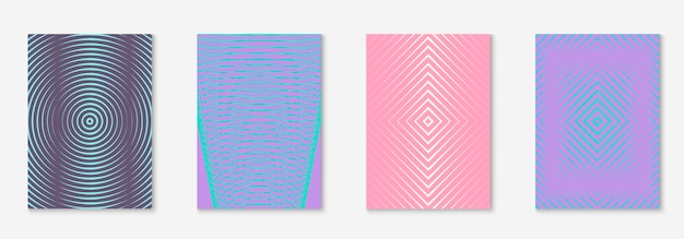 Establecer folleto. Invitación creativa, cartel, cuaderno, diseño de carpeta. Morado y turquesa. Establecer folleto como portada de moda minimalista. Elemento geométrico de línea.