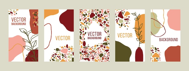 Establecer fondos con elementos florales y mosaico de terrazo. Fondos de pantalla móviles abstractos en plantillas de estilo collage contemporáneo minimalista para historias de redes sociales. Ilustración de vector en color pastel